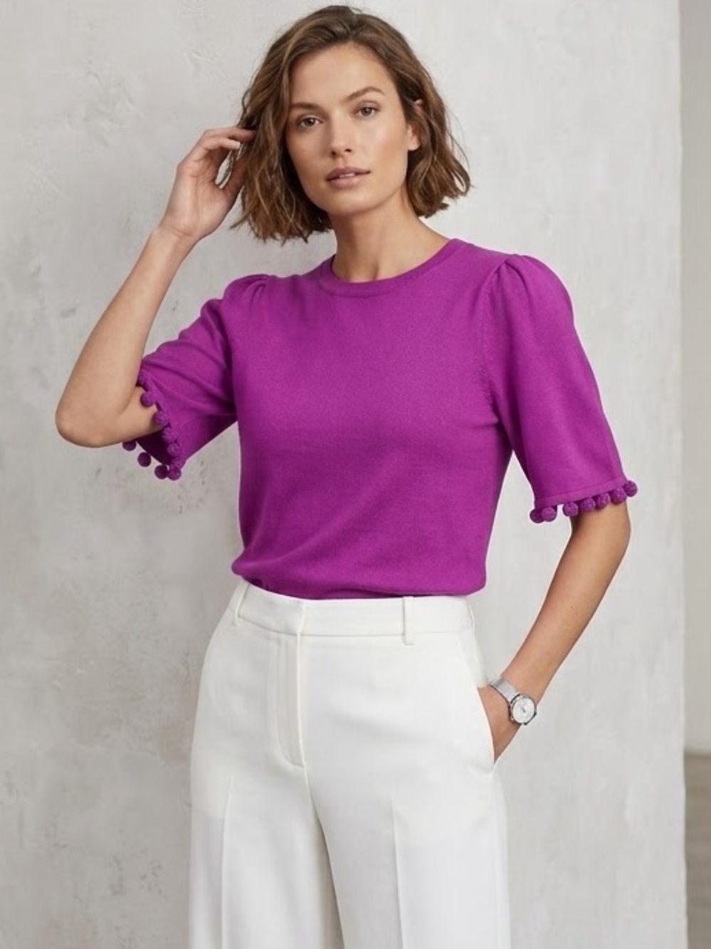 NWT Banana Republic Pink Purple Knit Pom Detail Short Sleeve Sweater Size XS